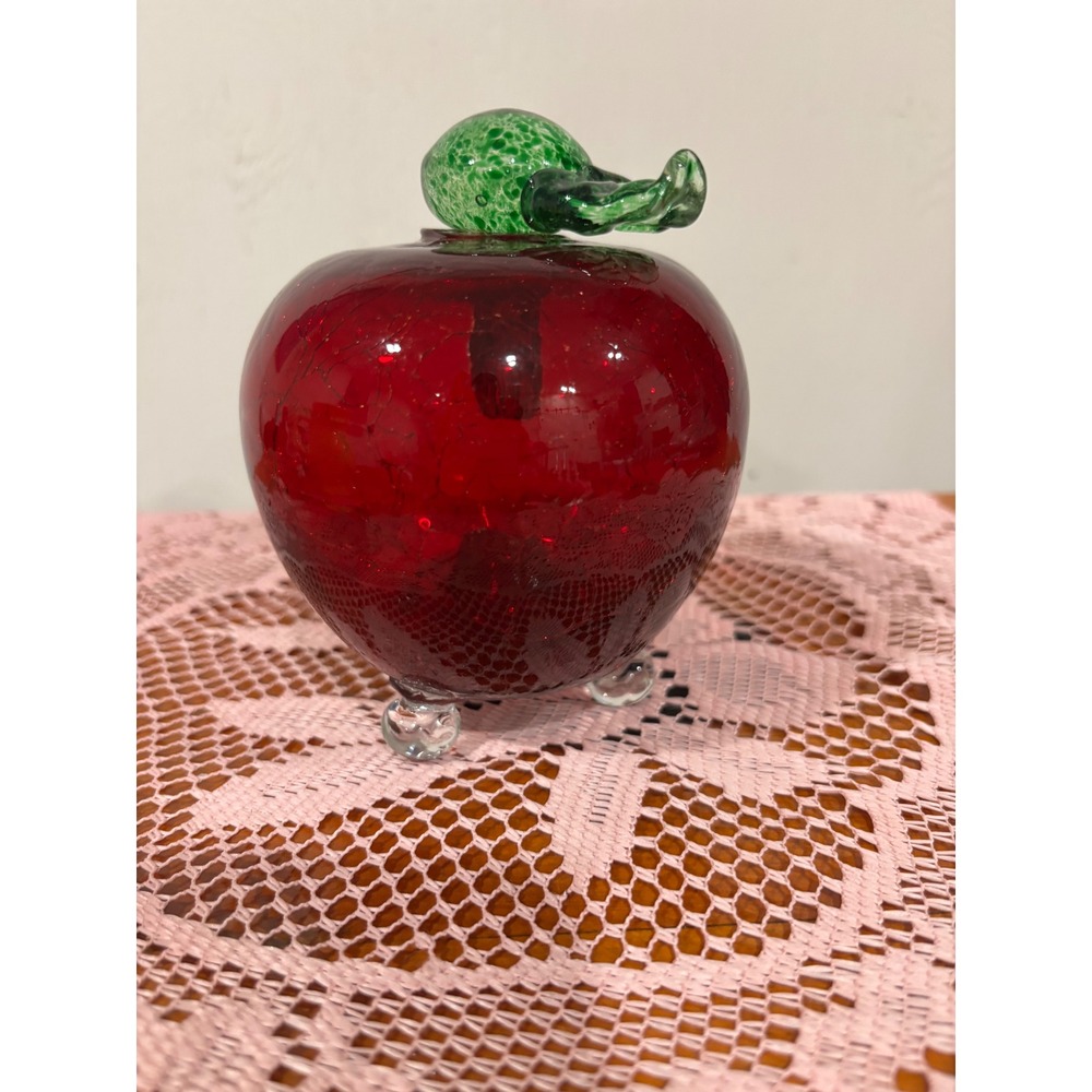 Red Crackle Art Glass Apple fruit fly trap with Green Stem Lid 5.25in